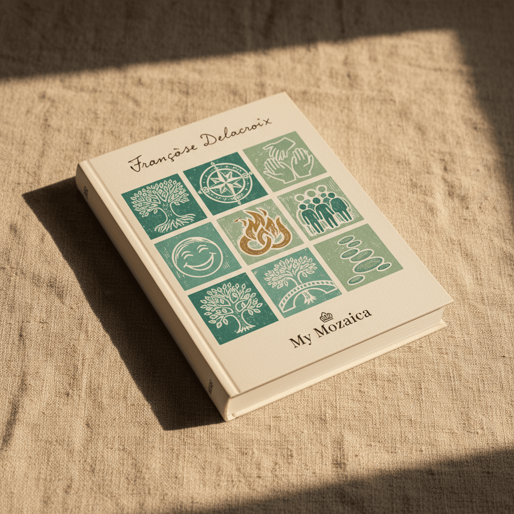 Un livre My Mozaica relié, posé sur du lin
