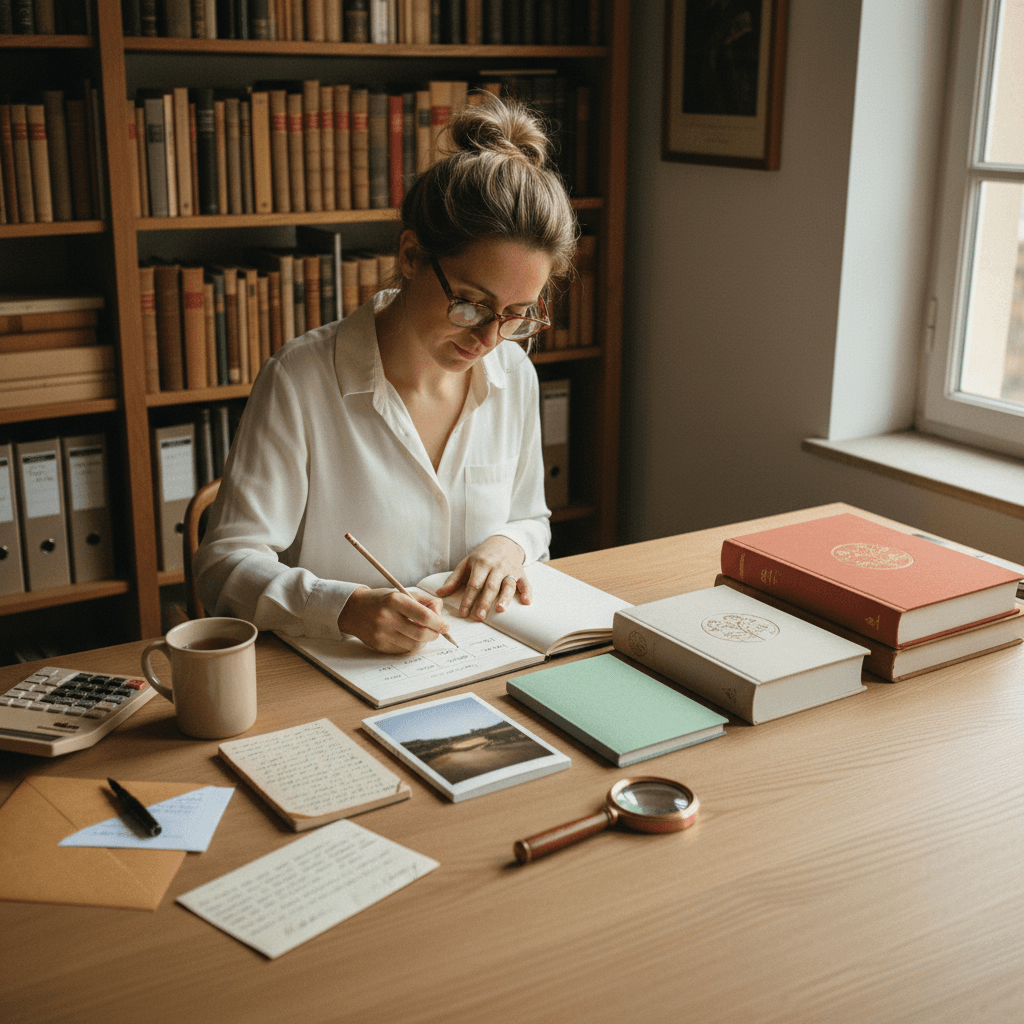 Femme de trente-cinq ans aux lunettes en ecaille a un bureau d'editeur, comparant cinq livres relies alignes devant elle, annotant une grille de prix manuscrite dans un grand carnet ouvert
