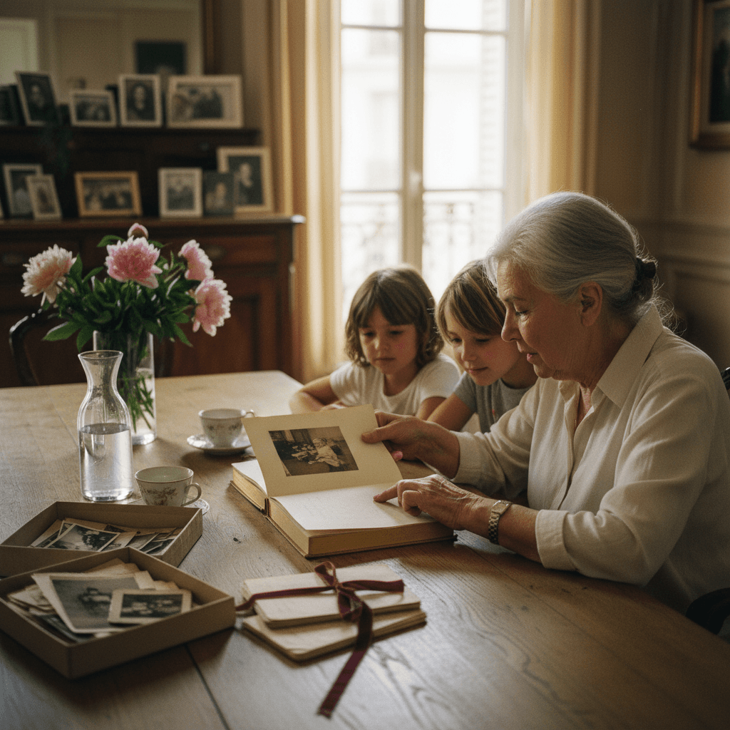 Grand-mère présentant un livre relié à ses deux petits-enfants attablés dans un salon familial parisien, fin d'après-midi