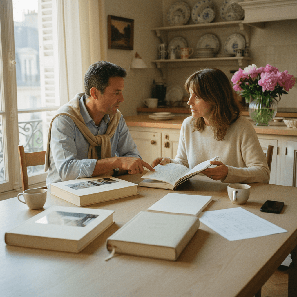 Couple de quarante ans assis face a face dans une cuisine parisienne haussmannienne, comparant quatre livres relies differents poses sur la table devant un tableau comparatif manuscrit