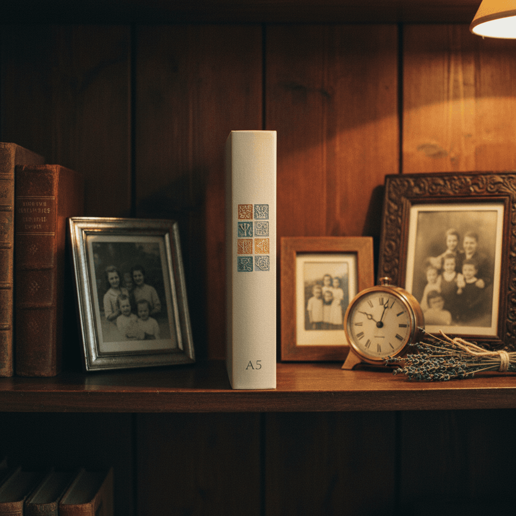Un livre relié unique posé à côté d'un smartphone affichant une timeline d'application